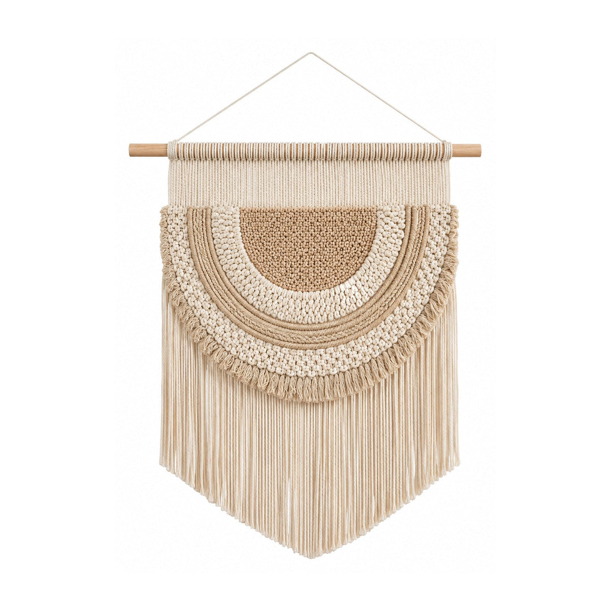 Neutral arched cotton macrame tapestry wall hanging with layered semicircle and long fringe