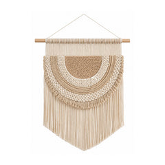 Neutral arched cotton macrame tapestry wall hanging with layered semicircle and long fringe