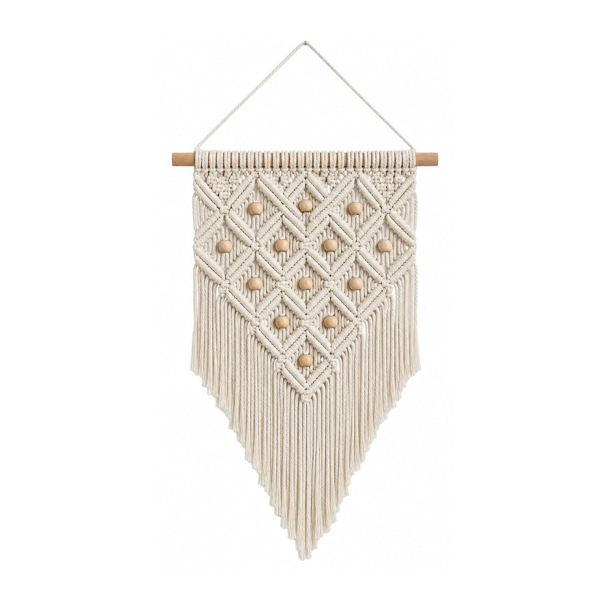Neutral beaded diamond cotton macrame wall hanging with lattice knotwork and wooden beads