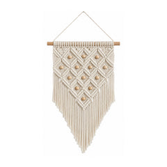 Neutral beaded diamond cotton macrame wall hanging with lattice knotwork and wooden beads