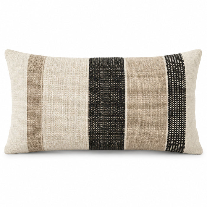 Neutral lumbar cushion cover with black taupe and ivory vertical stripes