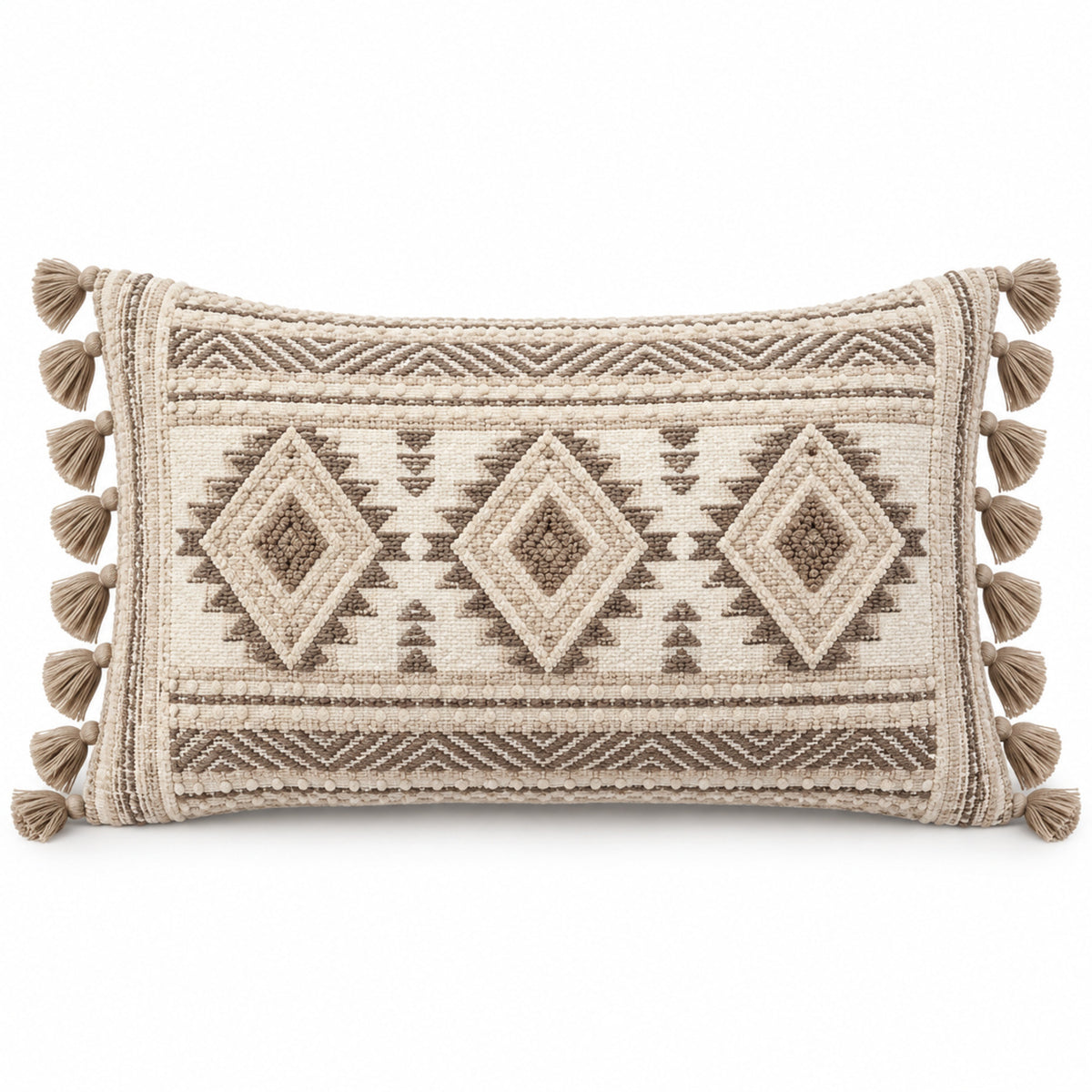 Neutral lumbar cushion cover with boho geometric diamonds and side tassel accents