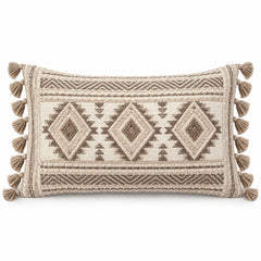 Neutral lumbar cushion cover with boho geometric diamonds and side tassel accents