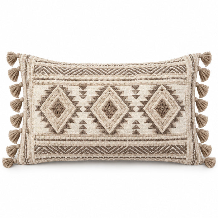 Neutral lumbar cushion cover with boho geometric diamonds and side tassel accents