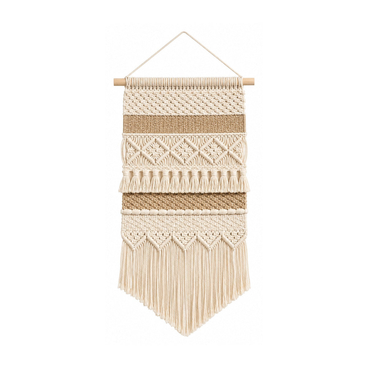 Neutral cotton macrame tapestry wall hanging with layered woven bands and fringe