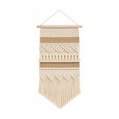 Neutral cotton macrame tapestry wall hanging with layered woven bands and fringe