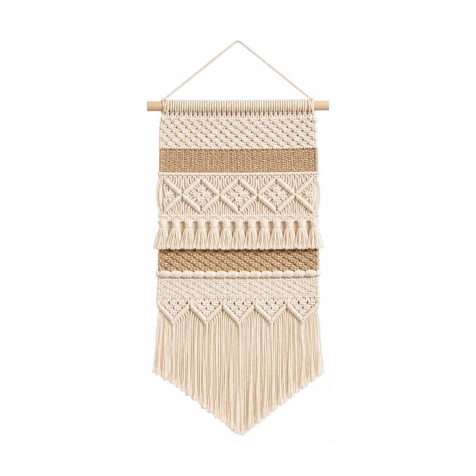 Neutral cotton macrame tapestry wall hanging with layered woven bands and fringe