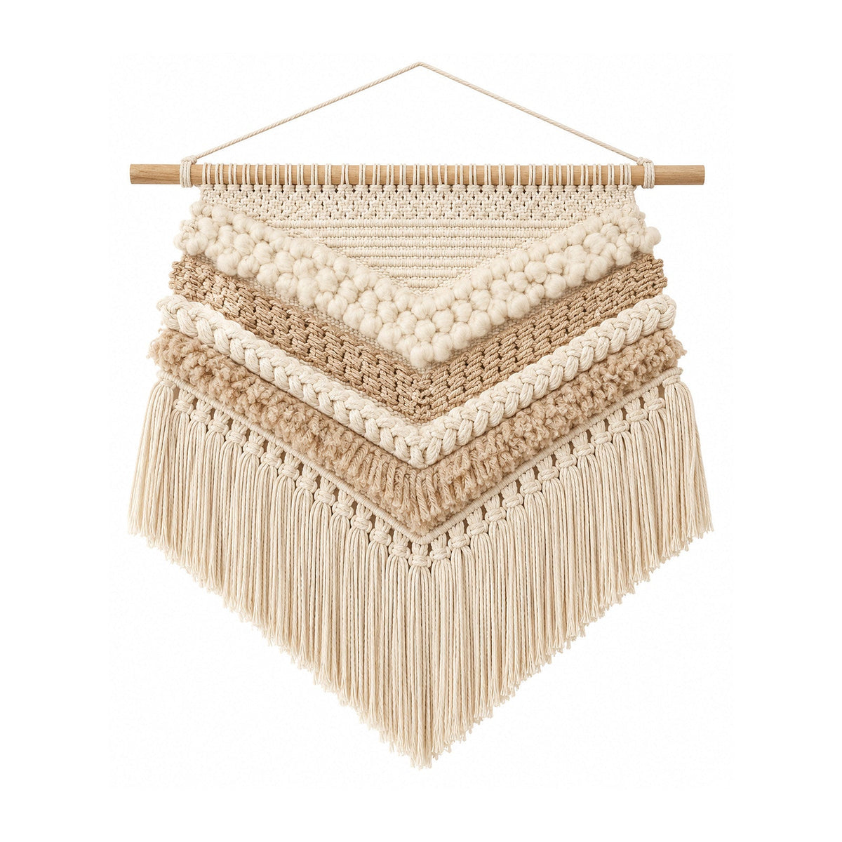 Neutral layered cotton macrame wall hanging with chevron textures and fringe