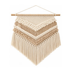 Neutral layered cotton macrame wall hanging with chevron textures and fringe