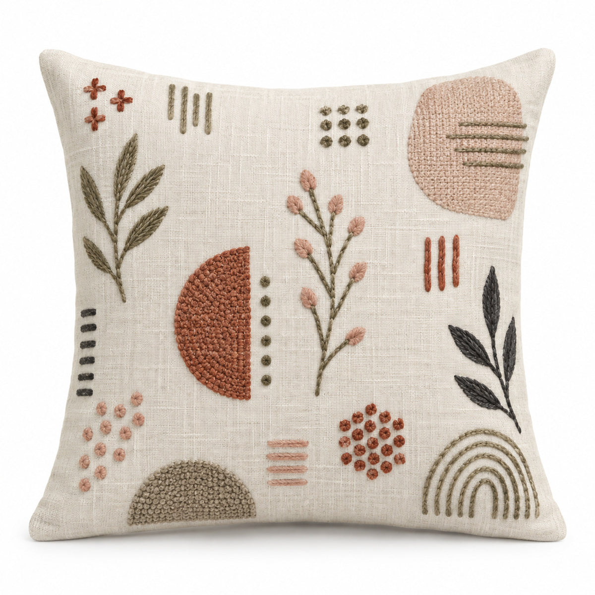 Ivory decorative cushion cover with rust taupe and olive abstract botanical motifs