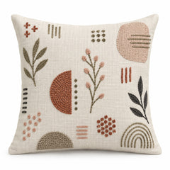 Ivory decorative cushion cover with rust taupe and olive abstract botanical motifs
