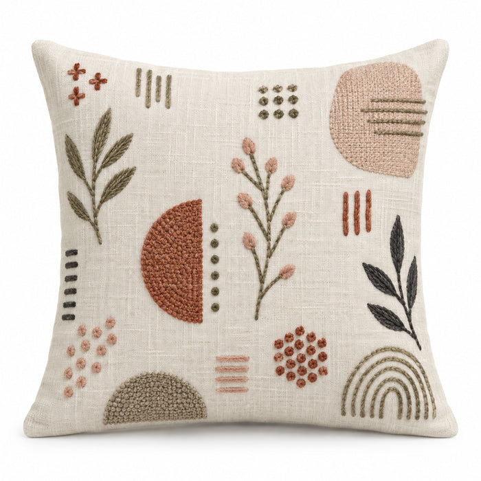 Ivory decorative cushion cover with rust taupe and olive abstract botanical motifs