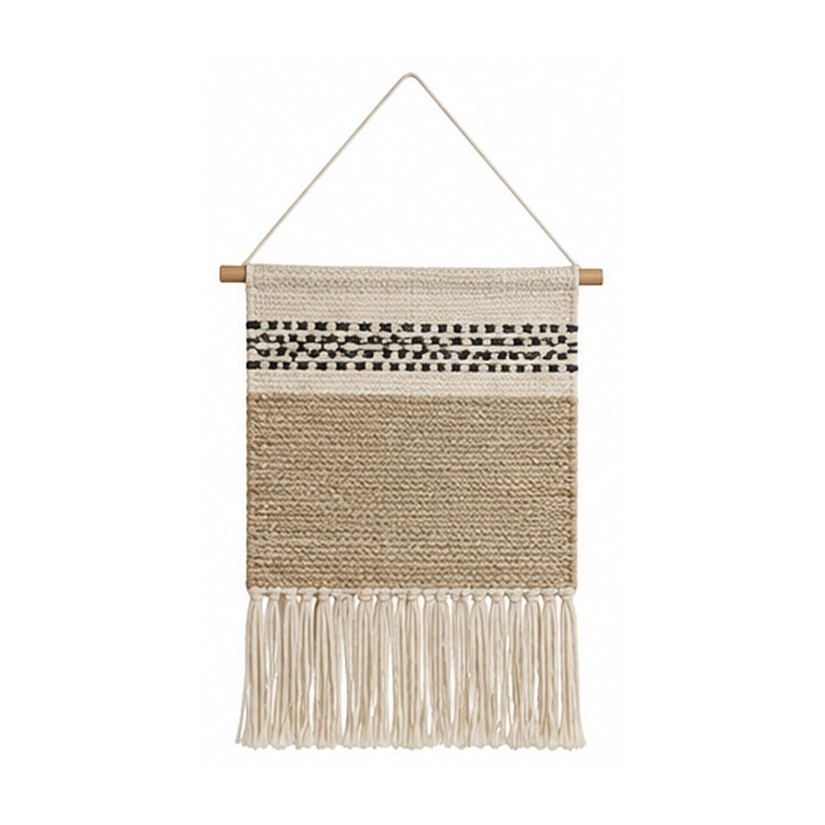Neutral striped cotton woven wall hanging with beige black bands and fringe
