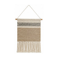 Neutral striped cotton woven wall hanging with beige black bands and fringe