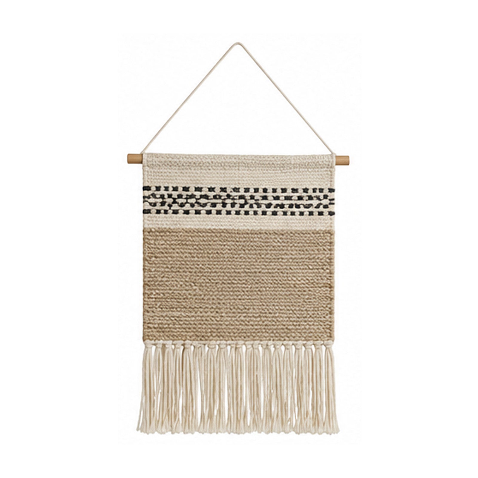 Neutral striped cotton woven wall hanging with beige black bands and fringe