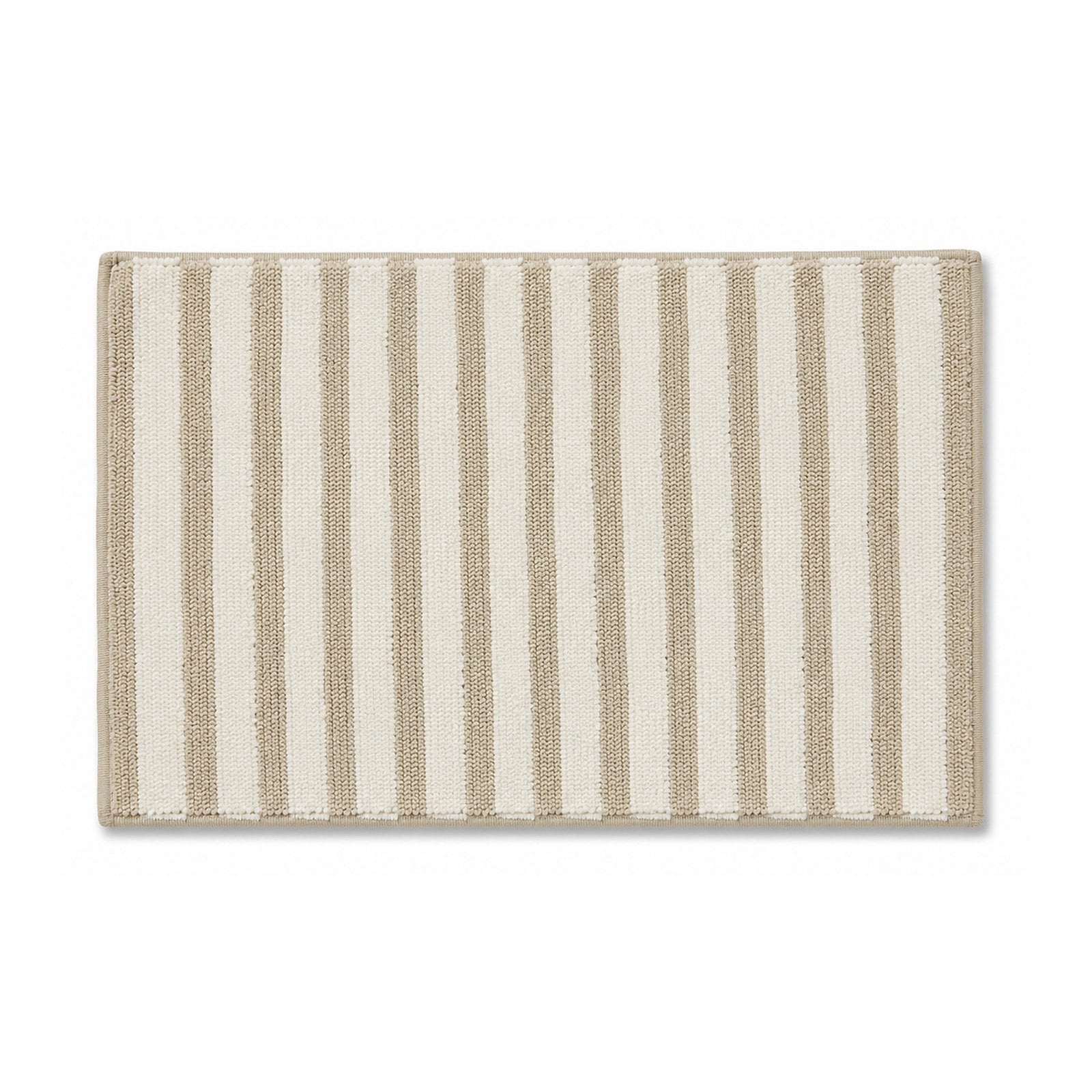 Neutral beige and ivory striped textured bath mat on white background