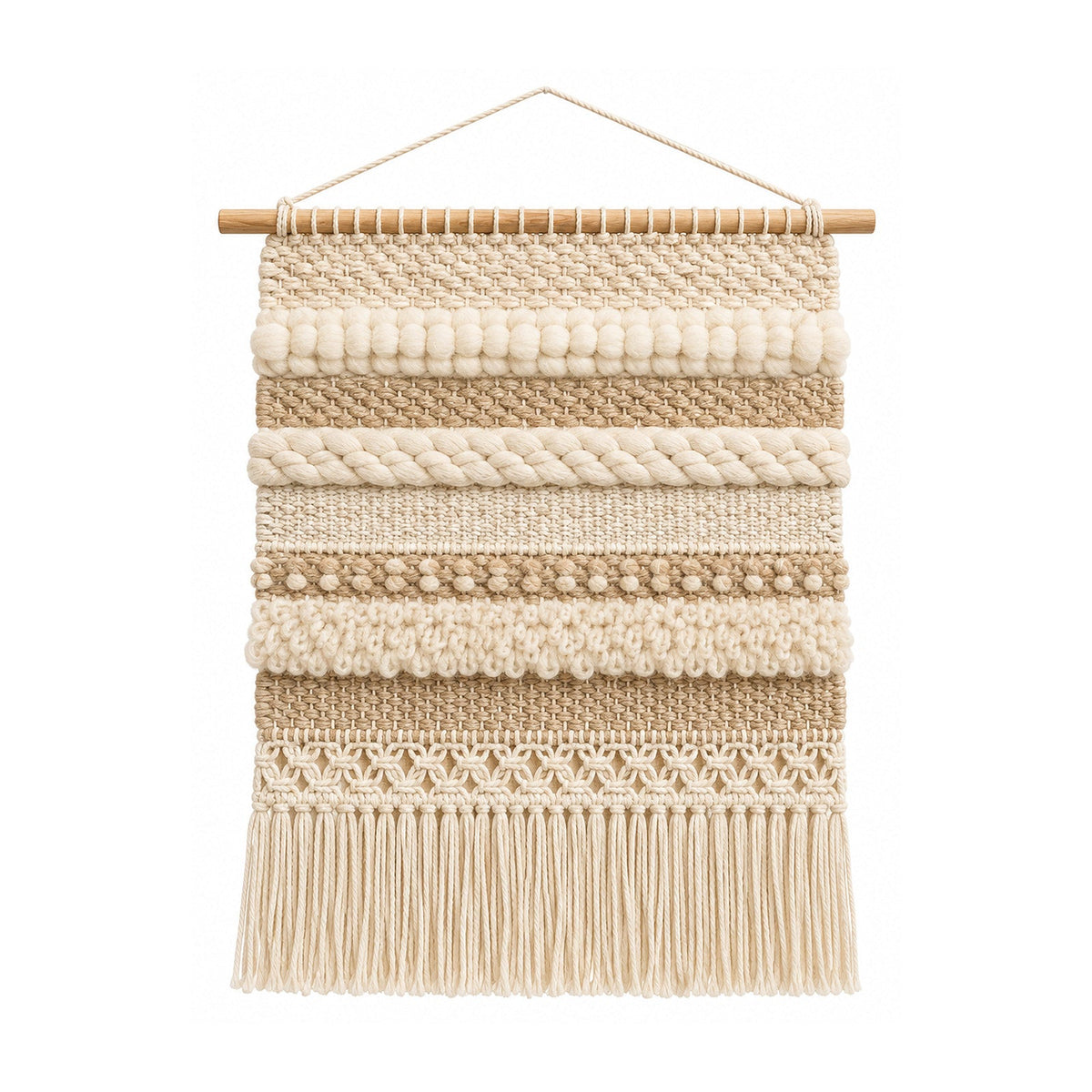 Neutral textured cotton woven macrame wall hanging with layered braids and fringe