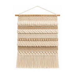 Neutral textured cotton woven macrame wall hanging with layered braids and fringe