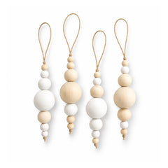 Four vertical hanging wooden bead ornaments with cream and natural wood spheres of different sizes and thin cord loops