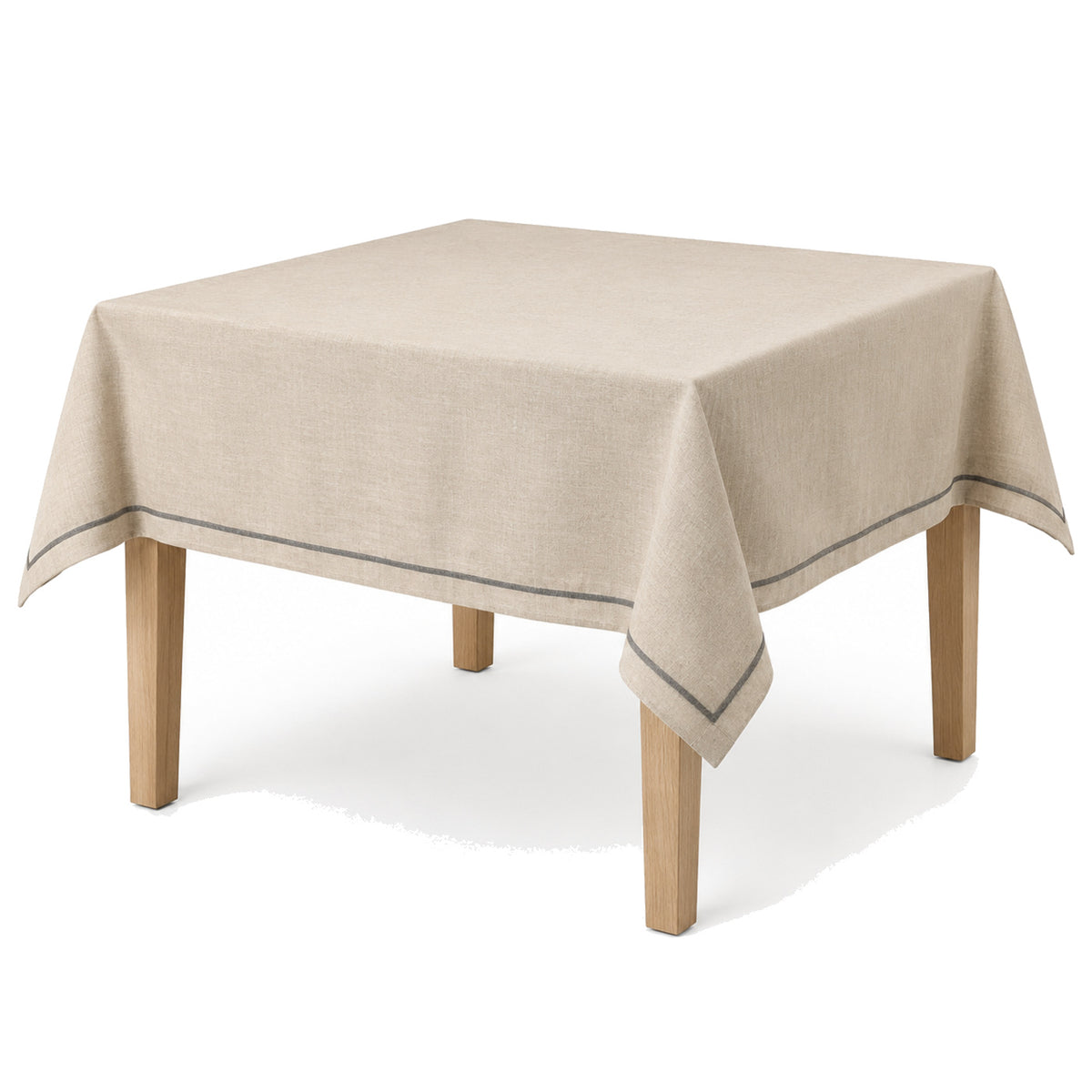 Primeval oatmeal charcoal stripe tablecloth displayed on a square dining table