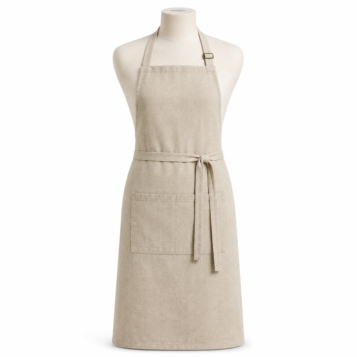 Primeval oatmeal neutral minimalist chef apron displayed on a dress form