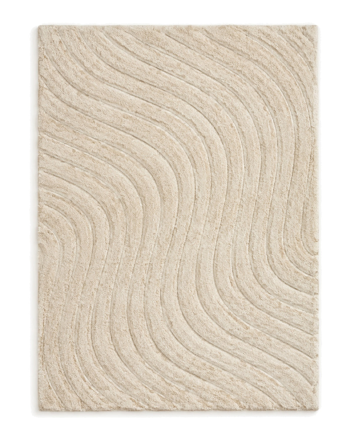 Oatmeal shaggy area rug with sculpted flowing line texture on a white background.