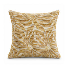 Primeval ochre gold and ivory decorative cushion cover featuring a symmetrical ornamental medallion motif