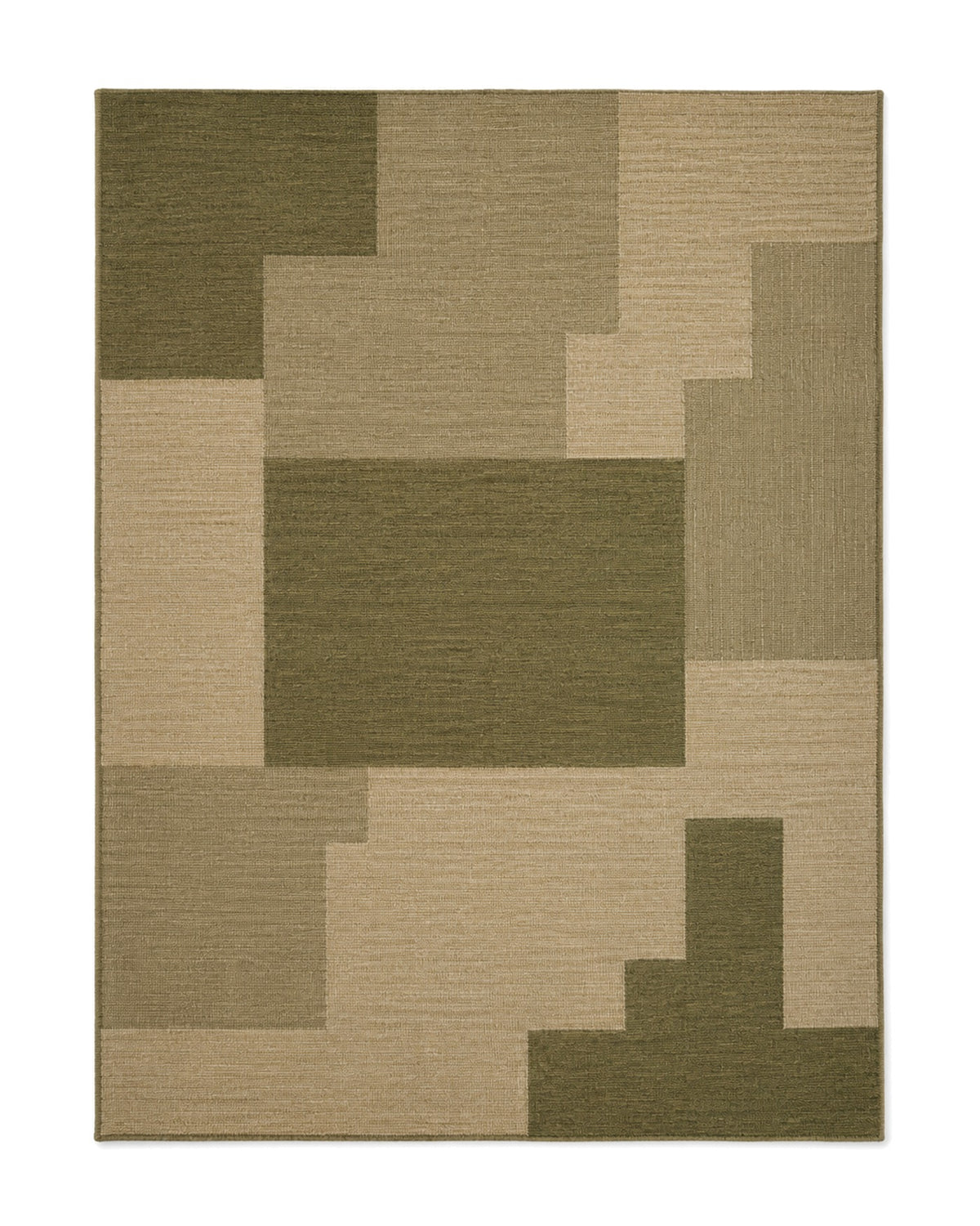 Olive and beige flatweave area rug with contemporary abstract block pattern on a white background.