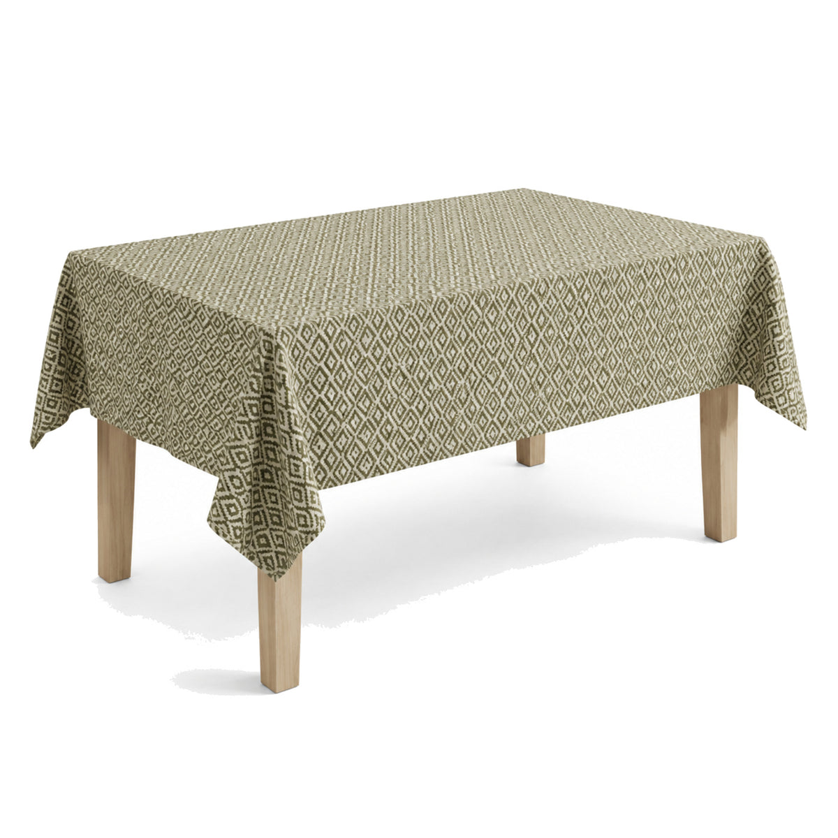 Primeval olive beige geometric woven tablecloth displayed on a rectangular dining table