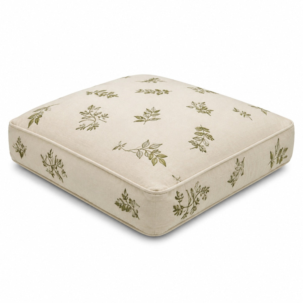 Ivory square floor cushion with olive botanical sprig print on white background