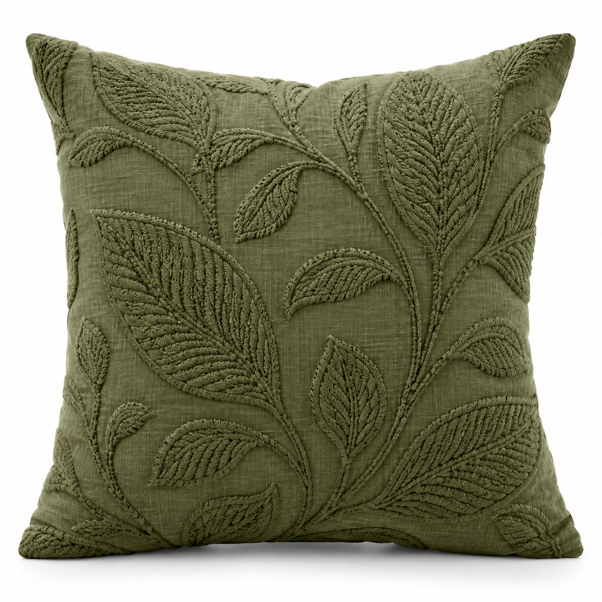Olive Botanical Leaf Embroidered Cotton Cushion Cover – 45 x 45 cm
