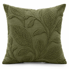 Olive Botanical Leaf Embroidered Cotton Cushion Cover – 45 x 45 cm