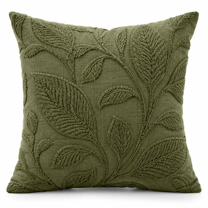 Olive Botanical Leaf Embroidered Cotton Cushion Cover – 45 x 45 cm