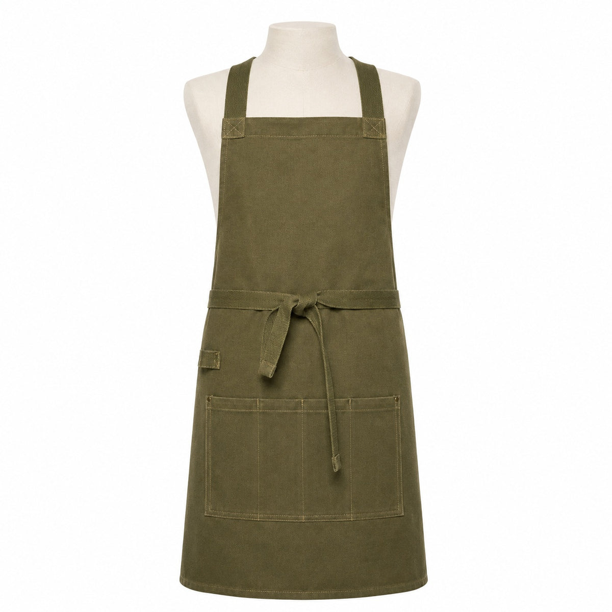 Primeval olive utility chef apron with divided front pocket displayed on a dress form