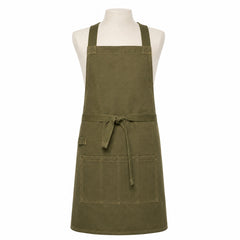 Primeval olive utility chef apron with divided front pocket displayed on a dress form