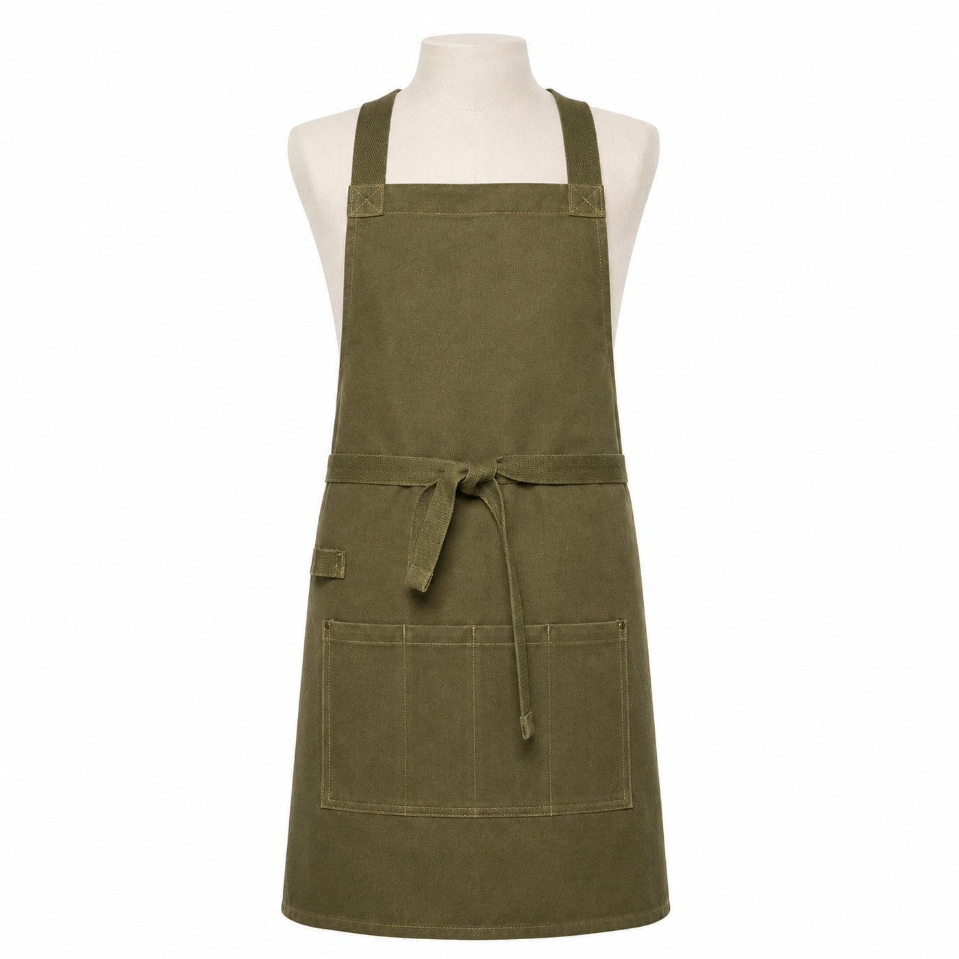 Primeval olive utility chef apron with divided front pocket displayed on a dress form