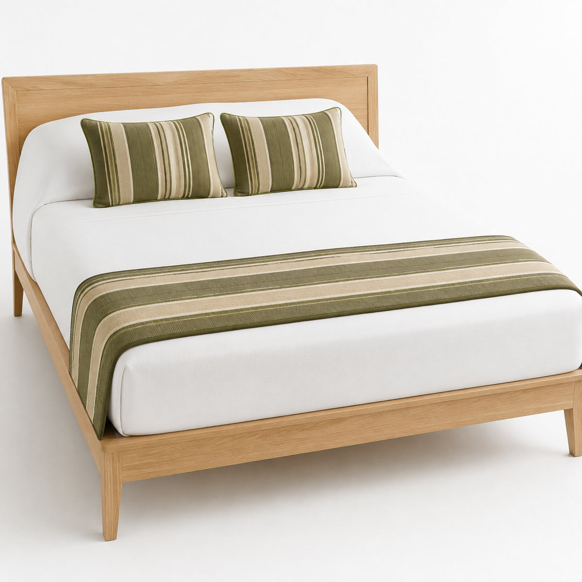Olive green bold-stripe bed runner styled across white bedding for wholesale resort and private-label bedroom sourcing