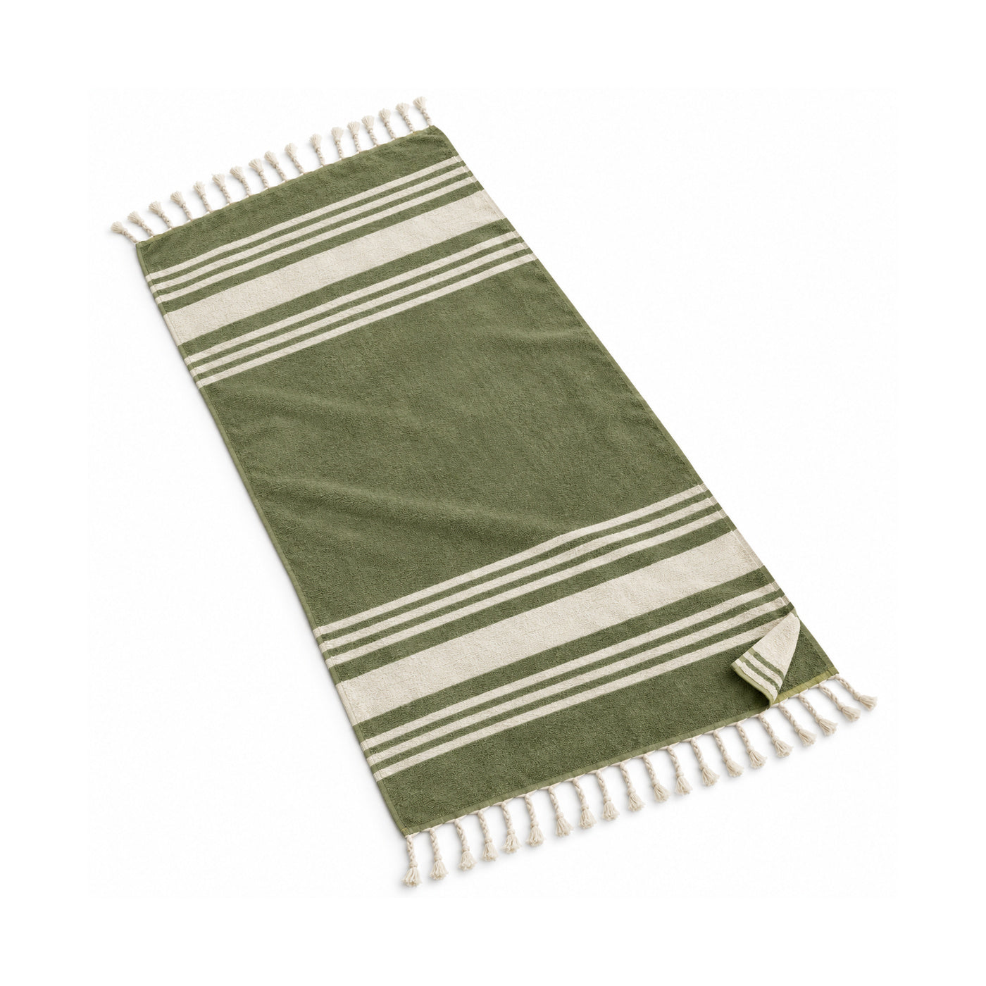 Olive green fringed beach towel with a clean border stripe design.