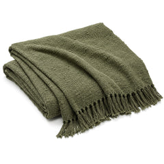 Olive green contemporary textured woven cotton throw with fringe 130×170 cm by Primeval
