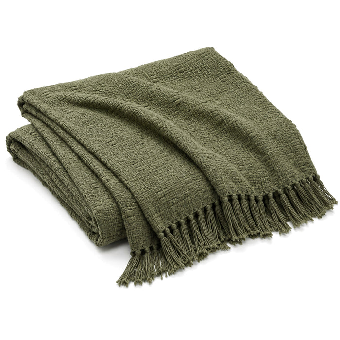 Olive green contemporary textured woven cotton throw with fringe 130×170 cm by Primeval