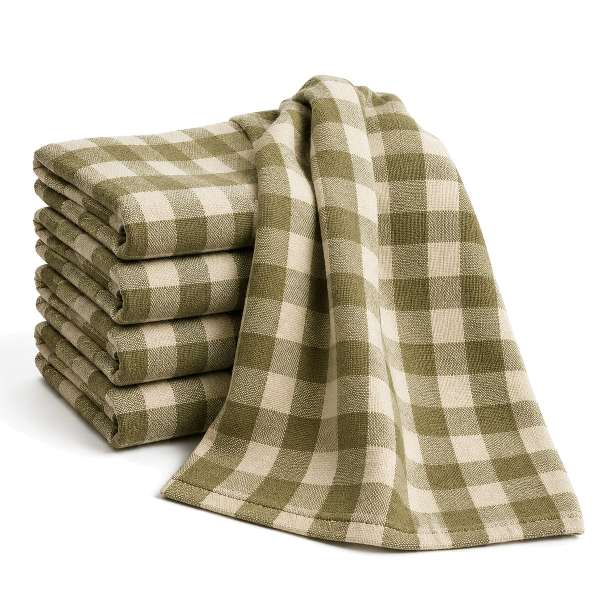 Primeval olive green and cream buffalo check cotton kitchen towel set in folded studio presentation