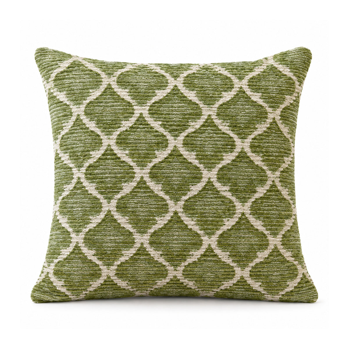 Primeval olive green and ivory cushion cover featuring an all-over interlocking Moroccan-inspired quatrefoil trellis pattern