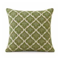 Primeval olive green and ivory cushion cover featuring an all-over interlocking Moroccan-inspired quatrefoil trellis pattern