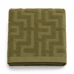 Olive green sculpted geometric jacquard cotton bath towel 70x140 cm for designer hotel and spa buyers