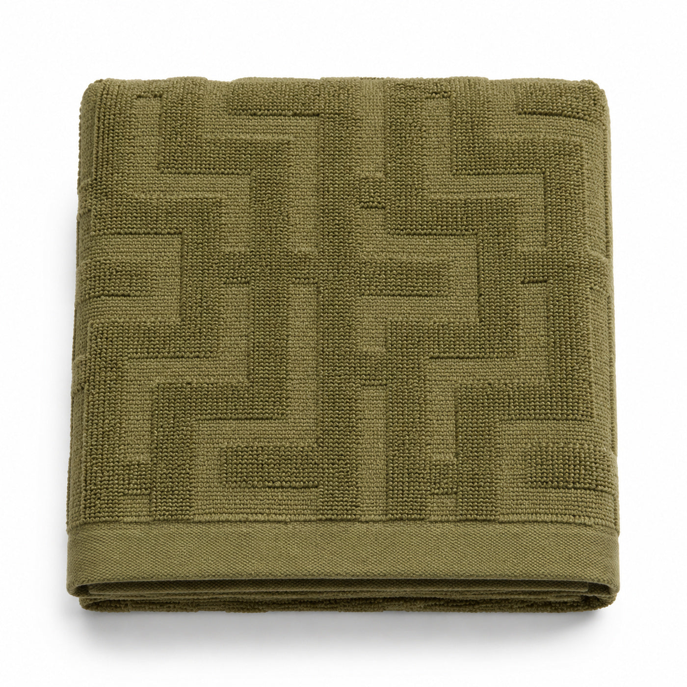 Olive green sculpted geometric jacquard cotton bath towel 70x140 cm for designer hotel and spa buyers