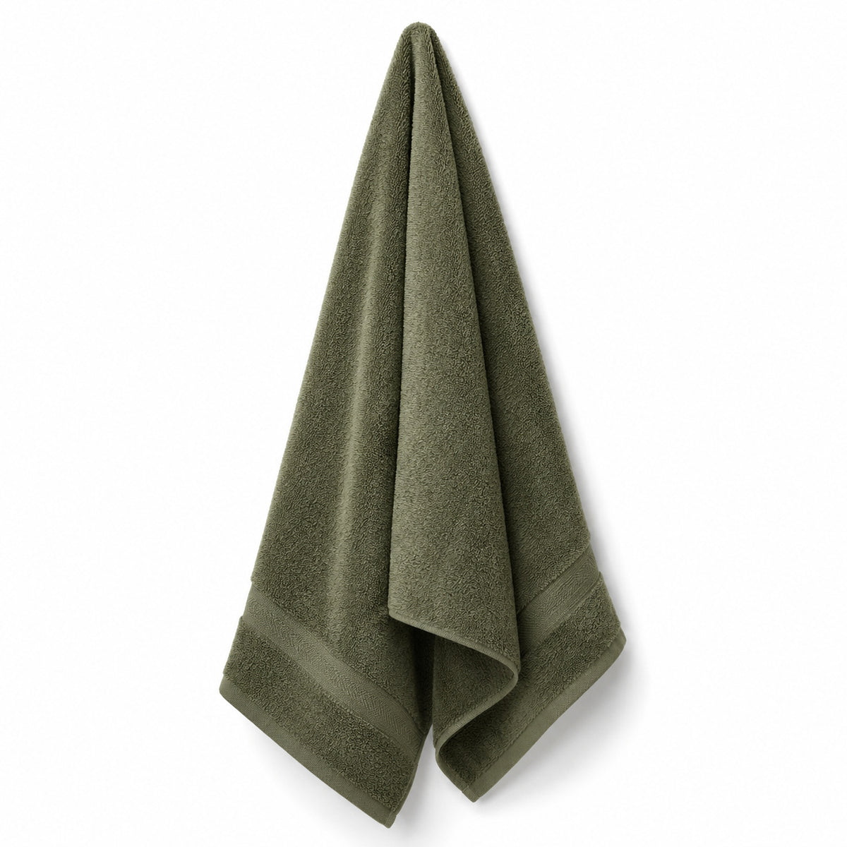 Olive green textured cotton bath towel 70x140 cm on white background