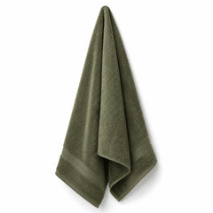 Olive green textured cotton bath towel 70x140 cm on white background