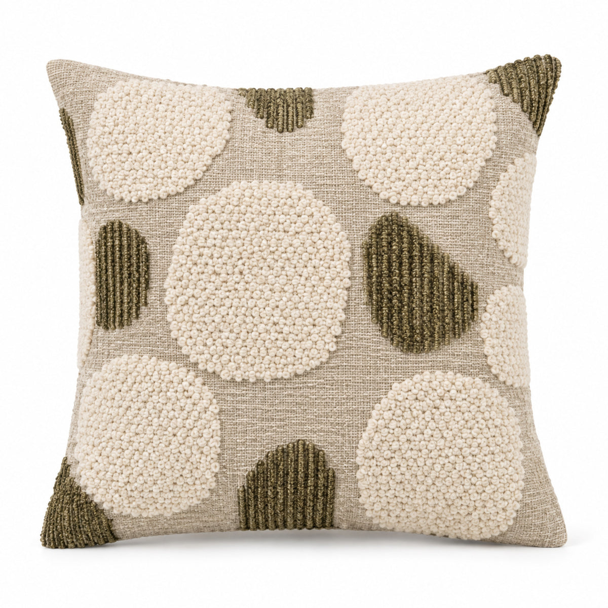 Olive and ivory decorative cushion with raised circular textured motifs