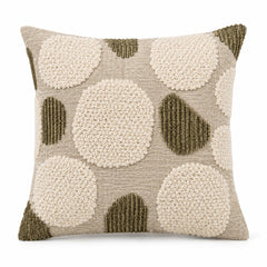 Olive and ivory decorative cushion with raised circular textured motifs