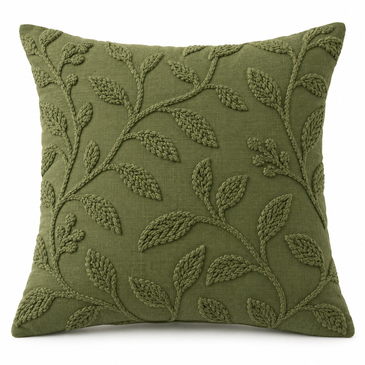 Olive green decorative cushion cover with raised leafy vine texture